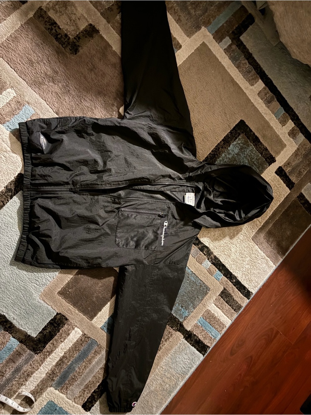 Champion Black Hooded Windbreaker with Chest Pocket